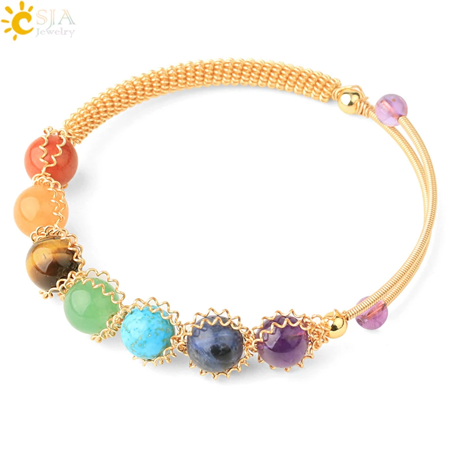

CSJA Healing 7 Chakra Bracelet Natural Stone Wire Wrap Copper Bracelets for Girl Gold Color Open Cuff 2021 Summer Jewelry G671