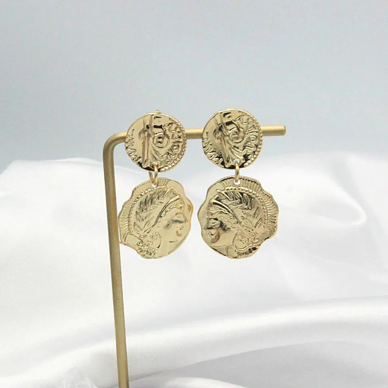 

European and American ins portrait coin gold coin earrings simple retro round engraving head portrait ethnic style earrings