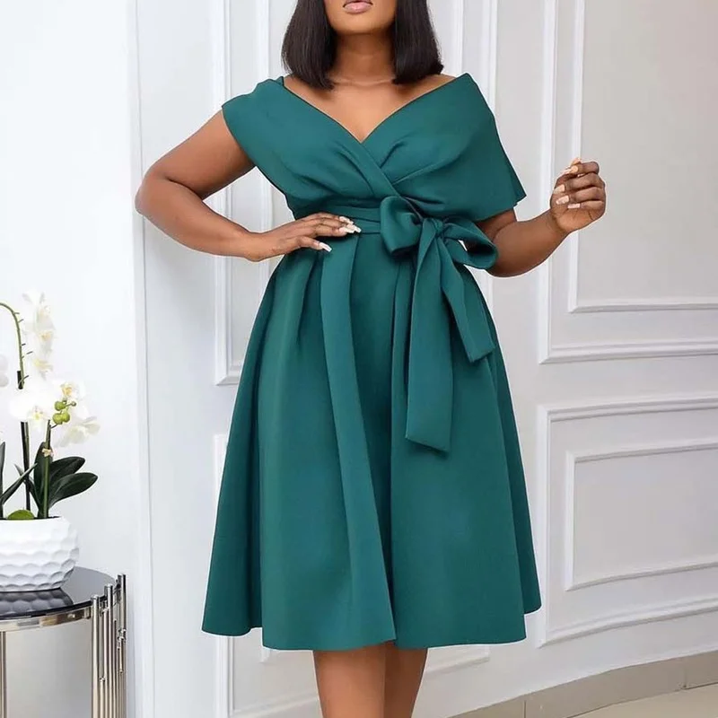 

2021 Summer Elegant Ladies Dress Party Dress Sexy Deep V-neck A-line African Dress with Bowknot Ladies Office Oversized Robe New