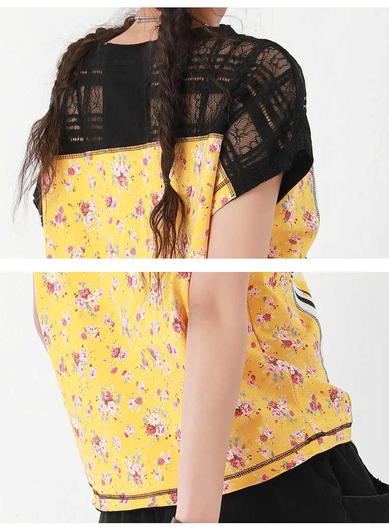 

Vefadisa Red Black Yellow Character Print Women T-shirt 2021 Summer Lace Patchwork T-shirt Plus Size Floral Print Top QYF5218