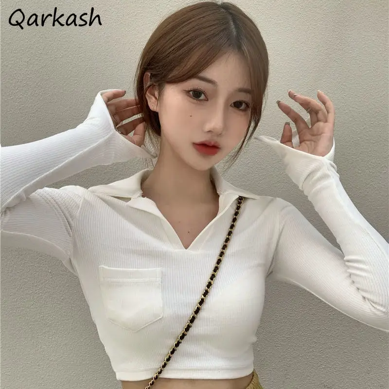

T-shirts Women Slim Knitted White Cropped Tees All-match Ins Pocket Sexy Fashion Simple Spring Tops Casual Solid Clothes T Shirt