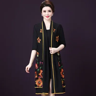 Ретро Винтаж Цветочная вышивка среднего возраста женское платье из двух частей