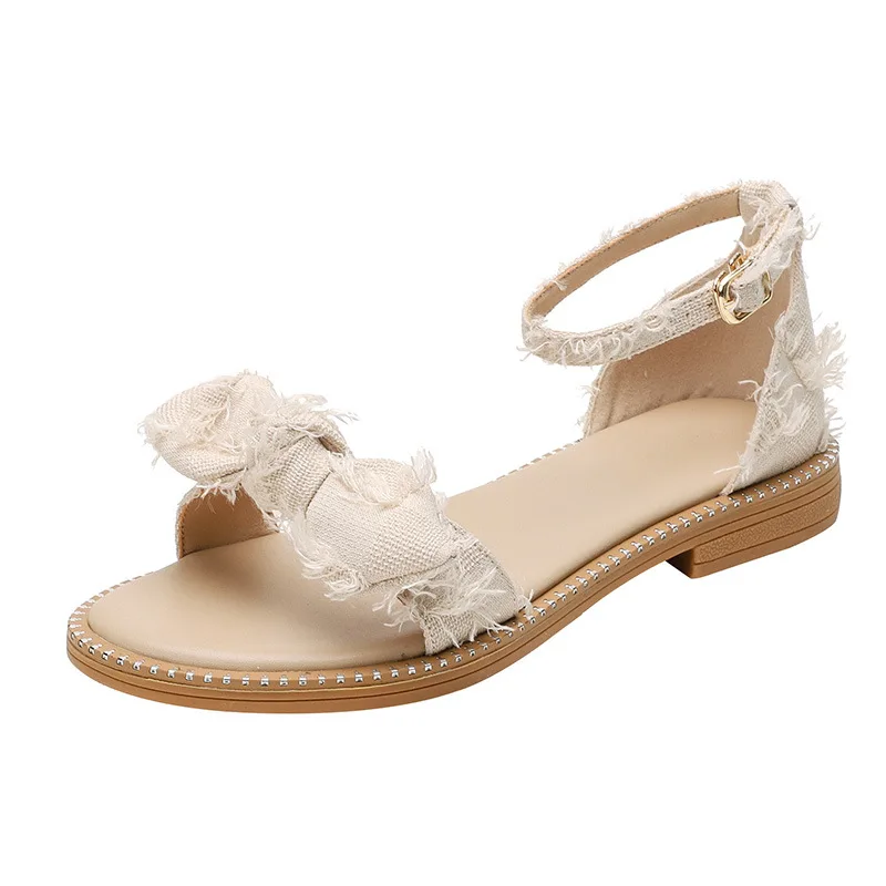 

Flat Sandal Shoe 2021 Women's Summer Heels Suit Female Beige Large Size Buckle Strap All-Match Shallow Mouth Without New Comfort