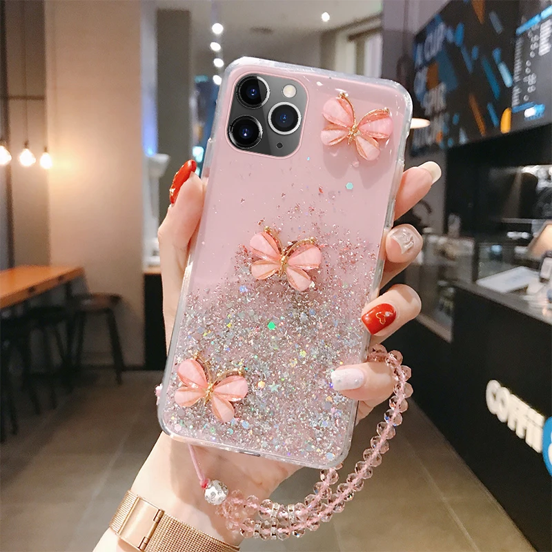 Luxury Cute Bling Glitter Lanyard Silicone Phone Case For iPhone 14 13 12 11 Pro XS Max SE XR X 8 7 Plus Ultra-thin Strap Cover