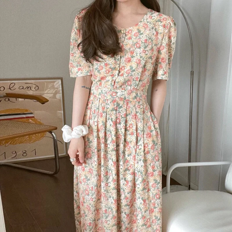 

Korejpaa Women Dress 2021 Summer Korean Sweet Fashion Print Single-breasted Design High Waist Bubble Sleeves Drape Long Dresses