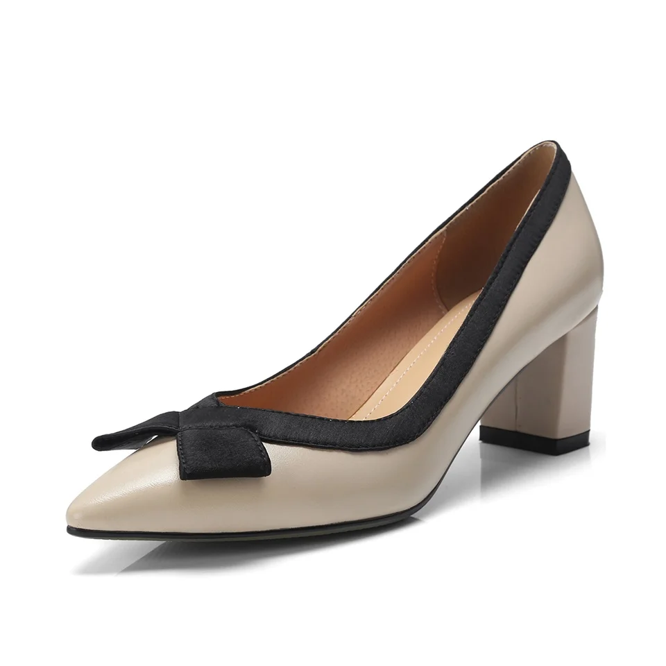 Женские туфли лодочки из воловьей кожи с подкладкой овечьей на толстом высоком