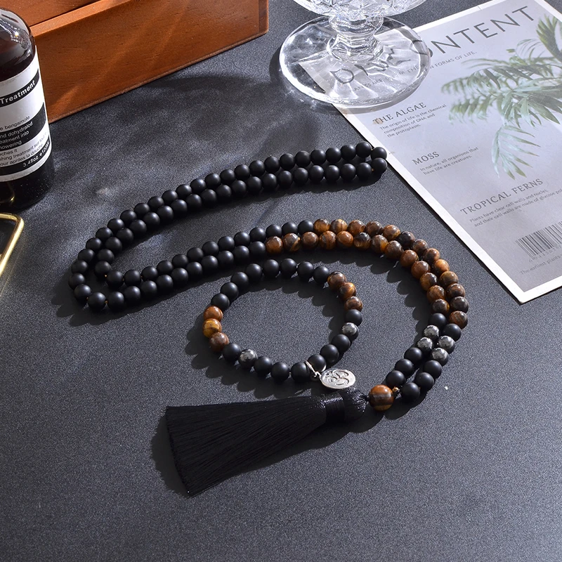 

8mm Yellow Tiger Eyes, Matte Black Agate, Hematite Beaded Necklace Bracelet Meditation Yoga Prayer Jewelry Sets 108 Mala Rosary