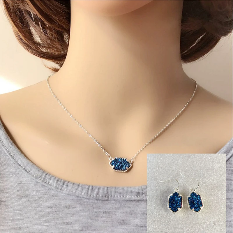Маленький Druzy Drusy ожерелье серьги ювелирный набор с шестигранным воротником