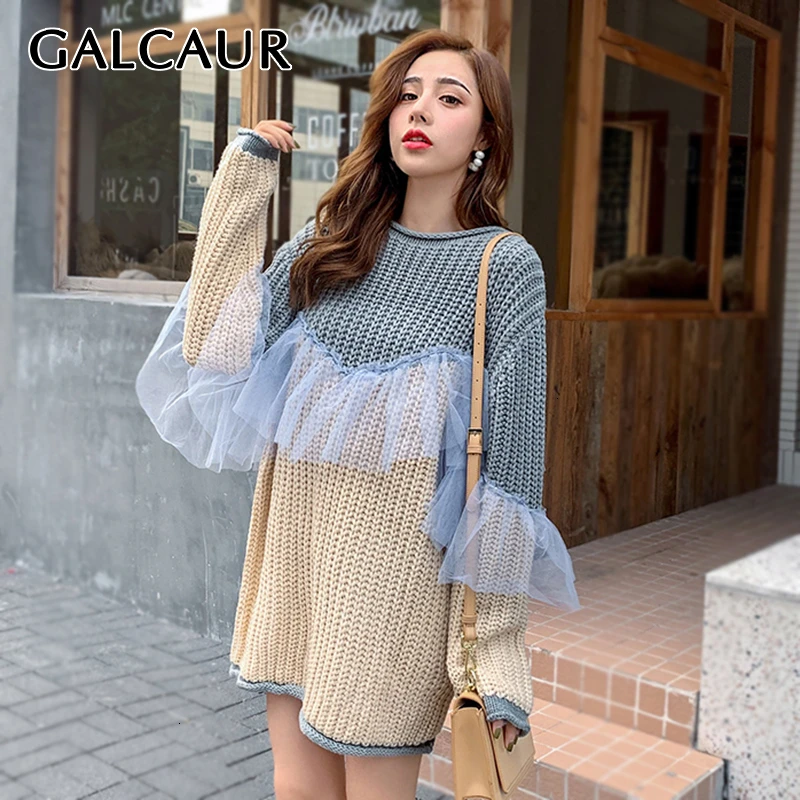 GALCAUR корейский стиль лоскутные кружевные свитера для женщин круглый вырез