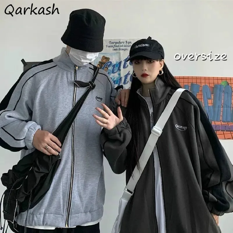 

Couple Hoodies Women Oversize Chic Zipper Unisex Boyfriend Baggy Leisure Stand Collar Patchwork Students Spring Ladies Pullovers