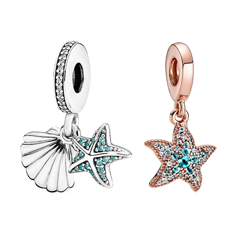 Ocean Style Tropical Starfish Shell Pendant Fit Pan Charms Bracelet Blue Zircon CZ Sea Star Beads DIY Jewelry for Women Kid Gift