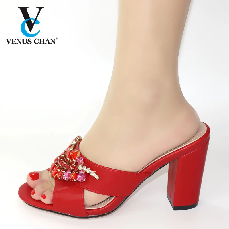 Свадебные шлепанцы красного цвета летние босоножки на высоком каблуке в