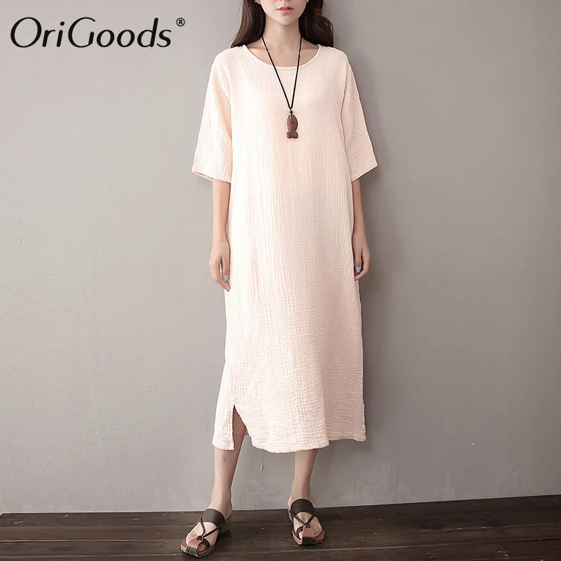 Женское платье с круглым вырезом OriGoods однотонное длинное красного и белого цвета