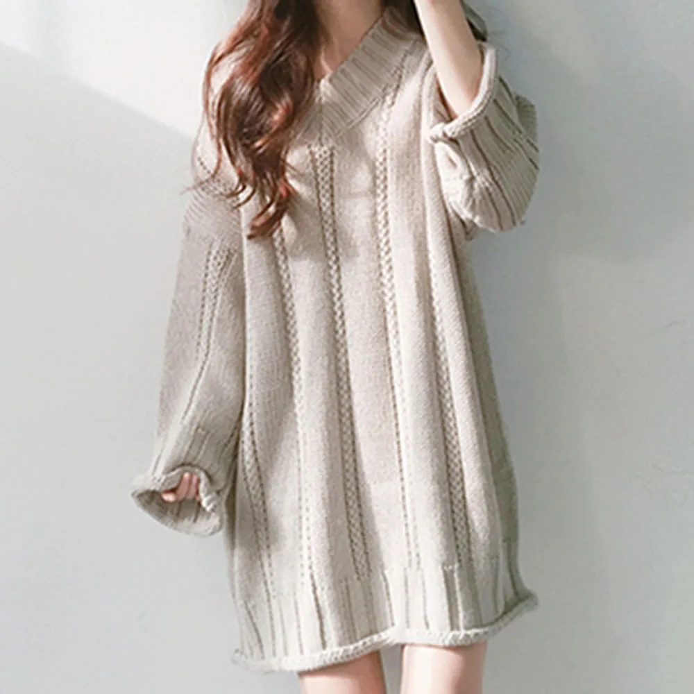 Winter Red Long Knitted Sweater Dress Female Solid Color V Neck Warm Pullover Knitwear Casual Loose Lazy Oaf Sleeve Top | Женская одежда