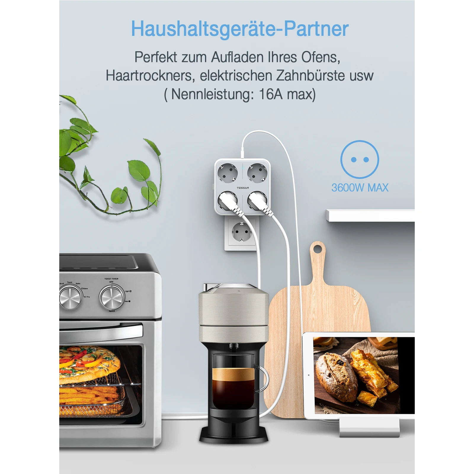 Настенная розетка TESSAN стандарта ЕС с выключателем 4 розетки переменного тока 3