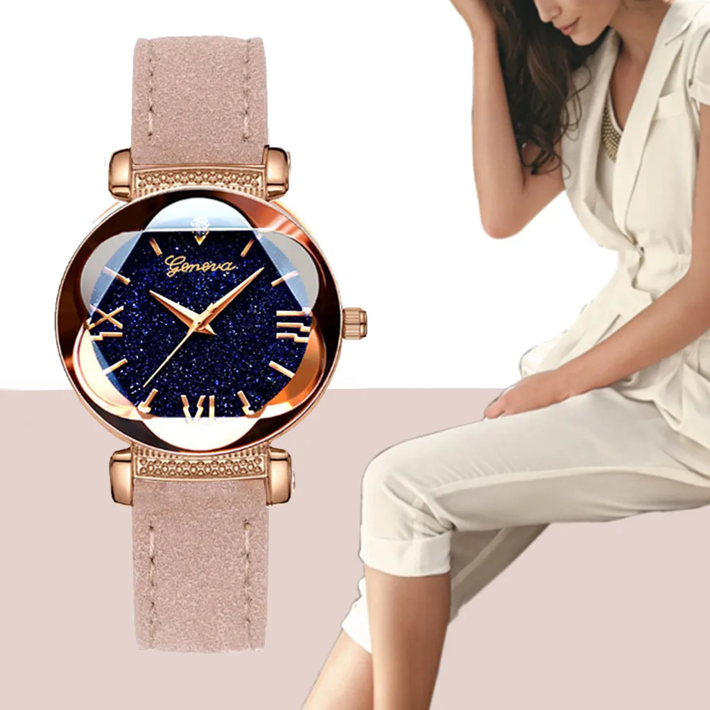 

New Ladies Fashion Quartz Watch Roman Star Dial Six Convex Sleek Minimalist Luxury Leather Strap Watch montre femme