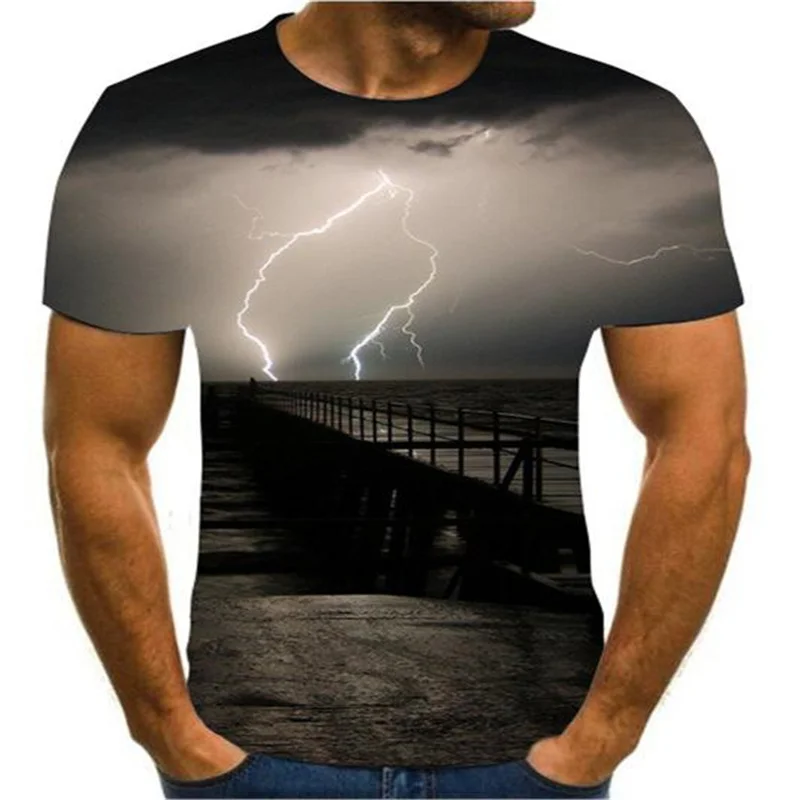 

Summer Men's 3D Printing T-shirt Lightning Scenery Printing T-shirt Men's T-shirt Summer Black T-shirt Round Neck Beach T-shirt