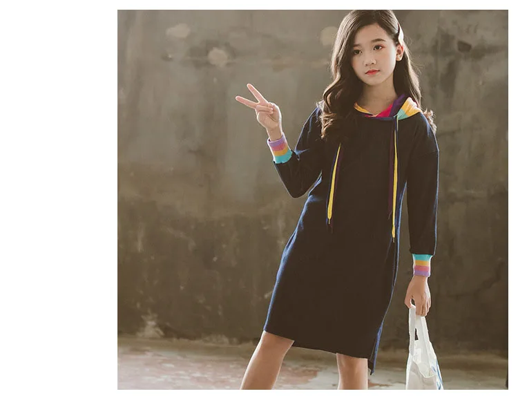 Girls denim dress Blue Rainbow Teen Girl Long Sleeve Dresses T Shirts Hooded Autumn Kids Clothing Casual Children Clothes