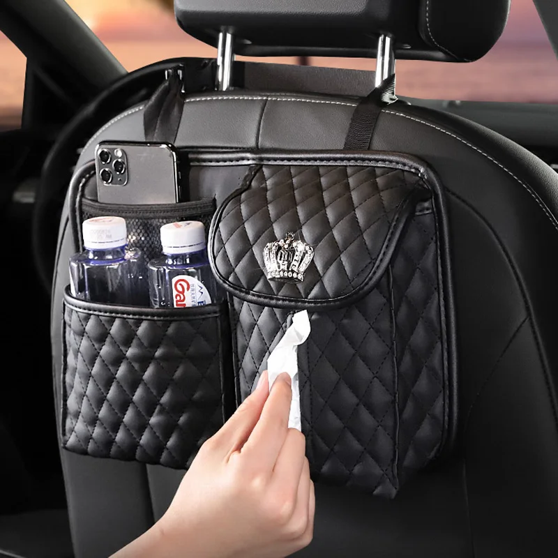 

Diamond PU Leather Car Seat Back Storage Bag Organizer Multifunction Auto Interior Stowing Tidying Tissue Paper Holder Pocket