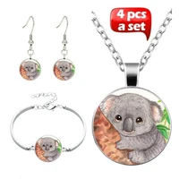 cartoon koala art photo jewelry set cabochon glass pendant necklace earring bracelet totally 4 pcs for womens girl fashion gift