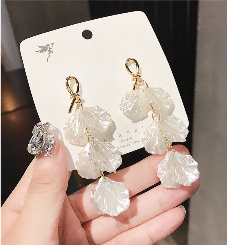 

S925 Shell Flower Earrings Female Japan And South Korea Fresh Long Shell Flower Net Red Versatile Temperament Petal Earrings