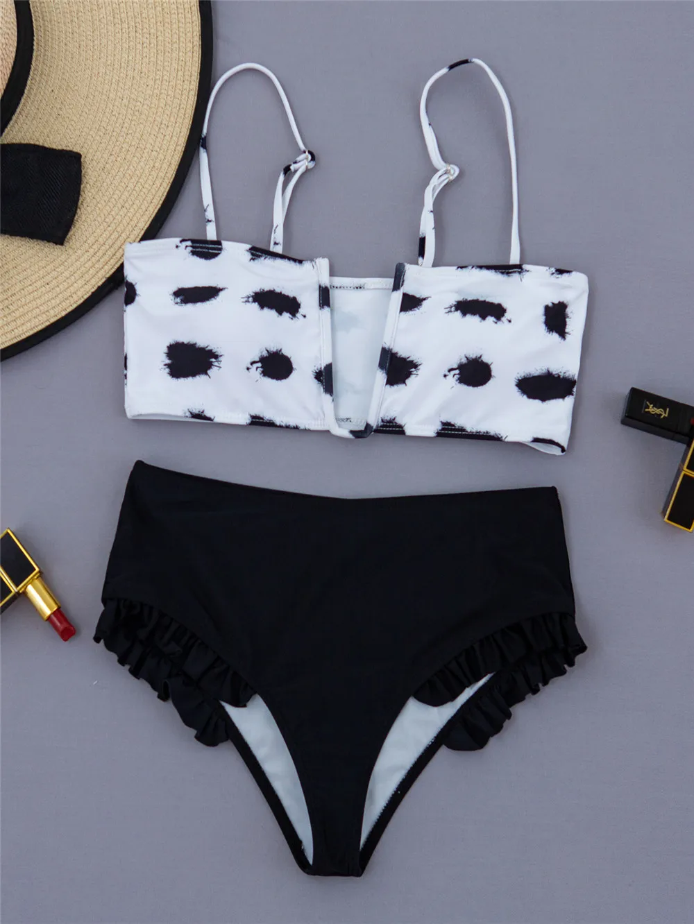 

White & Black Dyeing Print Women Swimwear High Waisted Summer BIkini Set Deep-V Neck Female Bathing Suits 2021 Sexy Biquini