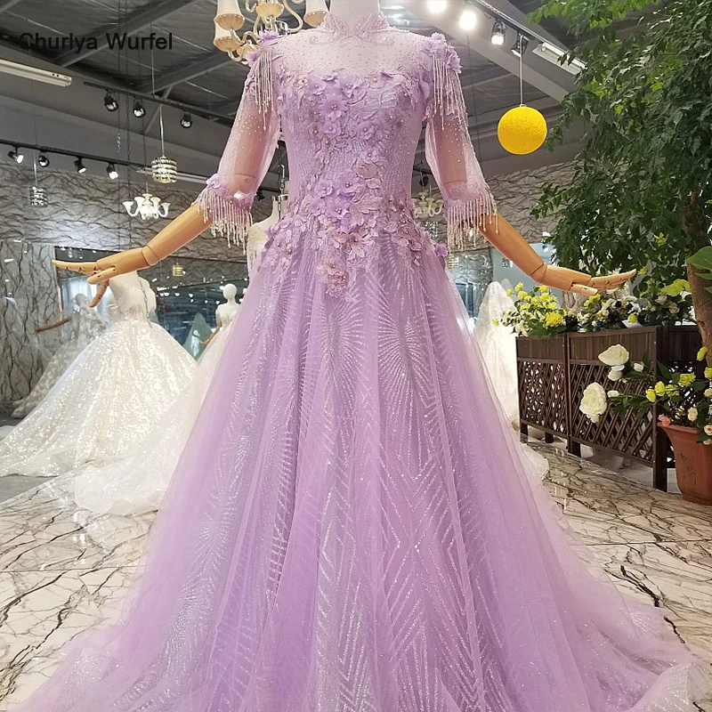 LS124799 блестящее фиолетовое вечернее платье с высокой горловиной трапециевидной