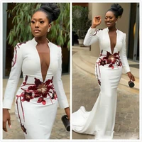 2020 white mermaid sexy african evening dress long sleeves embroidery appliques mermaid prom dresses dage elegant formal dresses
