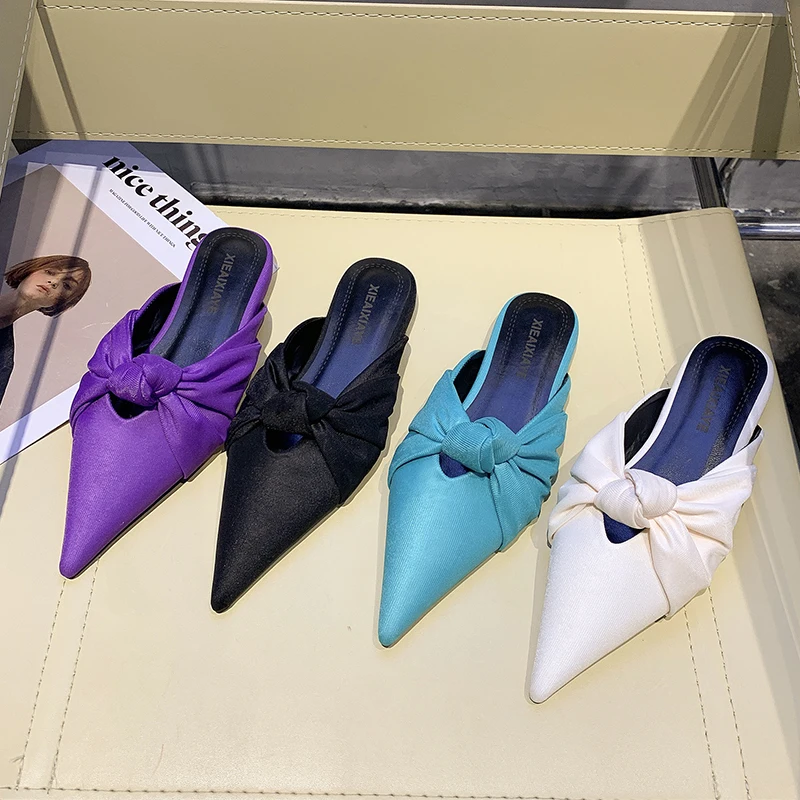 

Shoes Woman's Slippers Cover Toe Female Mule Slides Low Butterfly-Knot Fashion 2021 Summer Mules Flat Pointed Luxury Rubber Butt