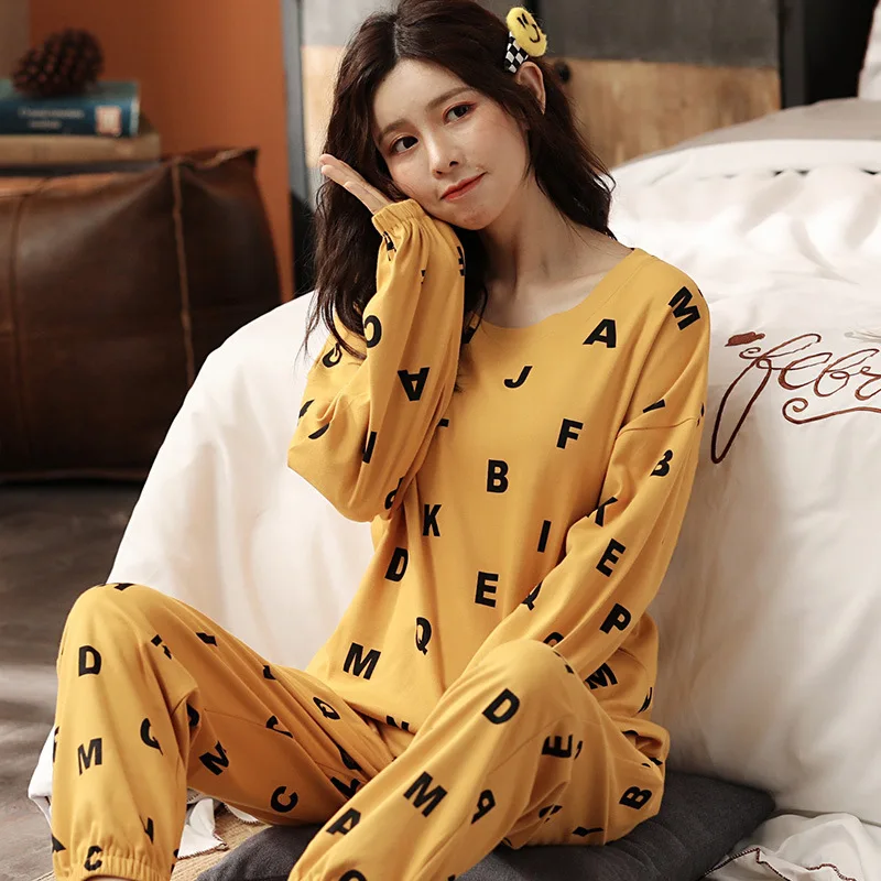 

Purple Cute Long Sleeve Sleepwear Loose Two Piece Women Home Clothes Cotton Pajamas Set For Women Winter Long Sleeve Nightwear