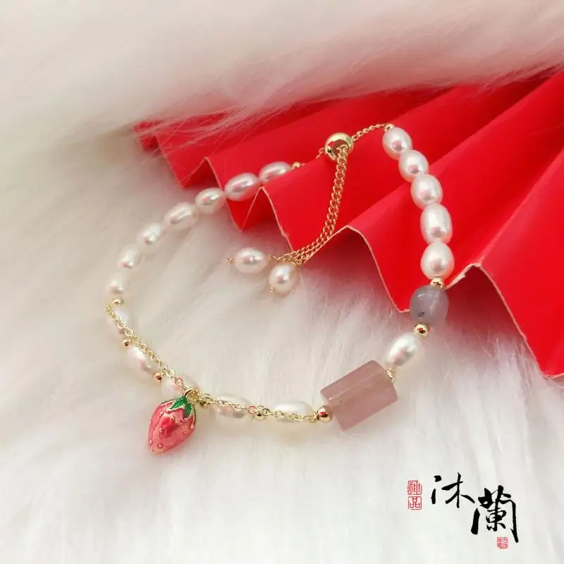 

Natural Freshwater Pearl Bracelet Charms Hand-made Trendy Adjustable Chain Bracelet for Women Ruby Stone Fine Jewelry Gifts