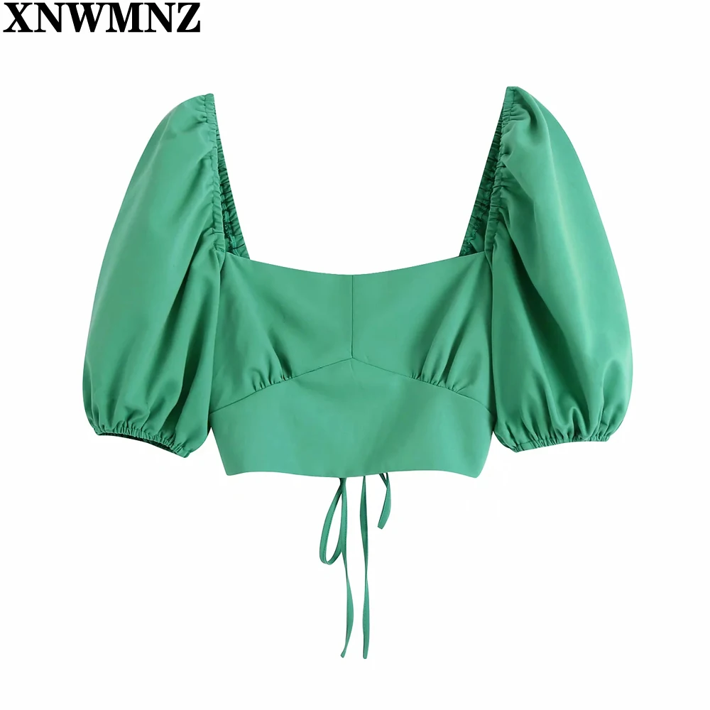 

XNWMNZ 2021 Women Vintage Square Collar Green Short Smock Blouse Female Puff Sleeve Slim Shirts Chic Backless Blusas Crop Tops