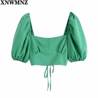 xnwmnz 2021 women vintage square collar green short smock blouse female puff sleeve slim shirts chic backless blusas crop tops