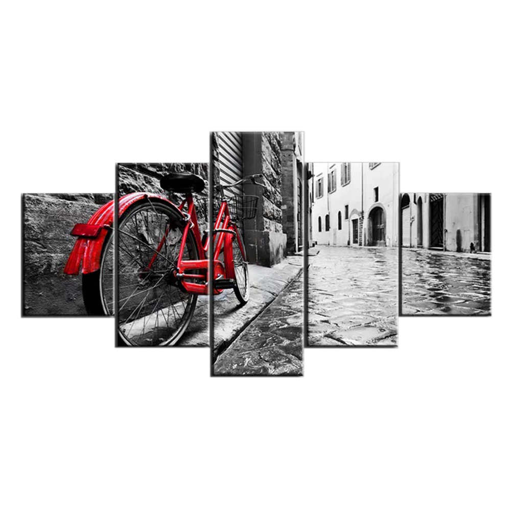 

Gray Landscape Painting 5 Pieces Canvas Poster Red Bicycle Wall Art Picture HD Print Canvas Art Home Decor Mural Modern Unframed
