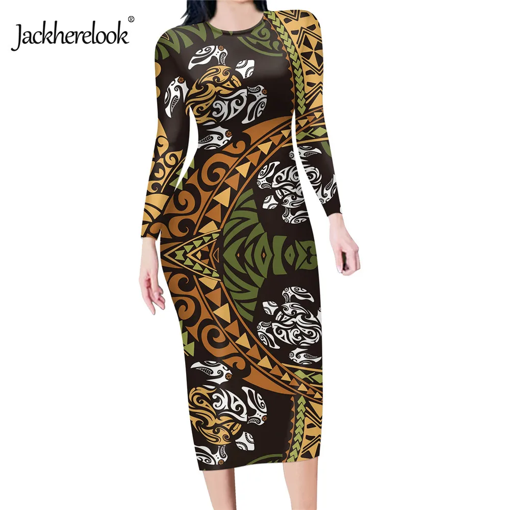 

Jackherelook Bodycon Midi Dress Women Long Sleeve Polynesian Tattoo Samoa Tribal Turtle Print Bandage Party Dresses Vestidos