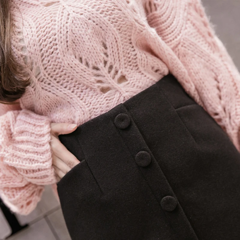 

Autumn Women Woolen Skirts Elegant Winter High Waist Split Skirt Ladies Office Work Buttons Midi Faldas Mujer Plus Size 4XL