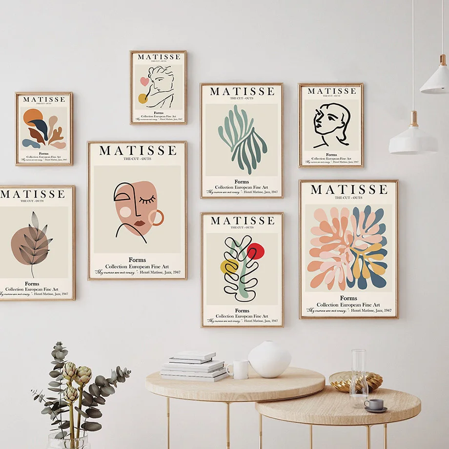 

Nordic Posters Abstract Matisse Line Face Coral Leaves Wall Art Canvas Print Painting for Modern Living Room Bedroom Home Decor