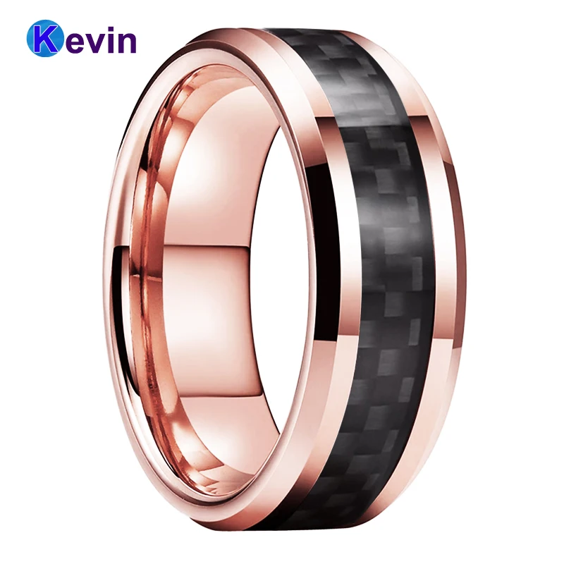

Black Carbon Fiber Ring Men Women Rose Gold Tungsten Wedding Band Classic Fashion Jewelry 8MM Comfort Fit