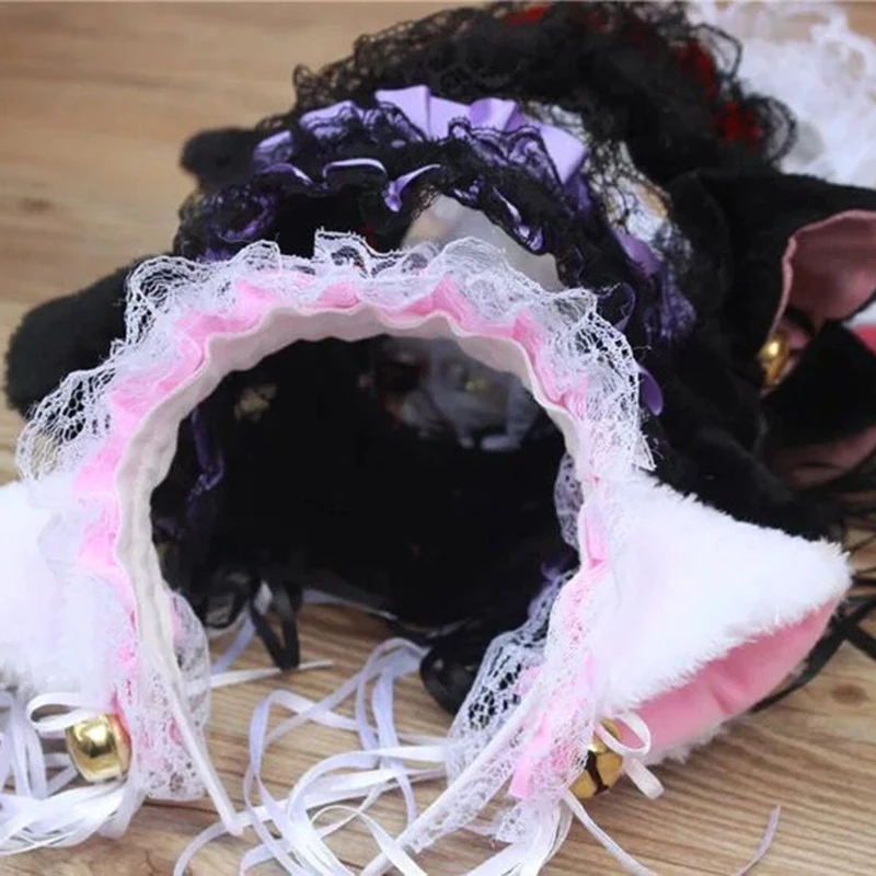 

2021 1PCs Japanese Girl Lace Bell Cat Ear Hoop Lolita Maid Headband Cute Headdress Bandana Anime Cosplay Lolita Hair Accessories