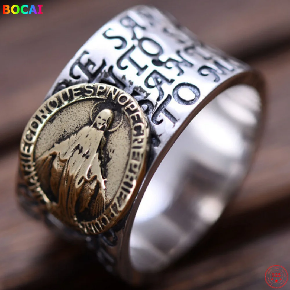 BOCAI S925 Sterling Silver Rings 2021 Retro Letter Virgin Mary Ornaments Pure Argentum Charm Jewelry Amulet  for Women Men