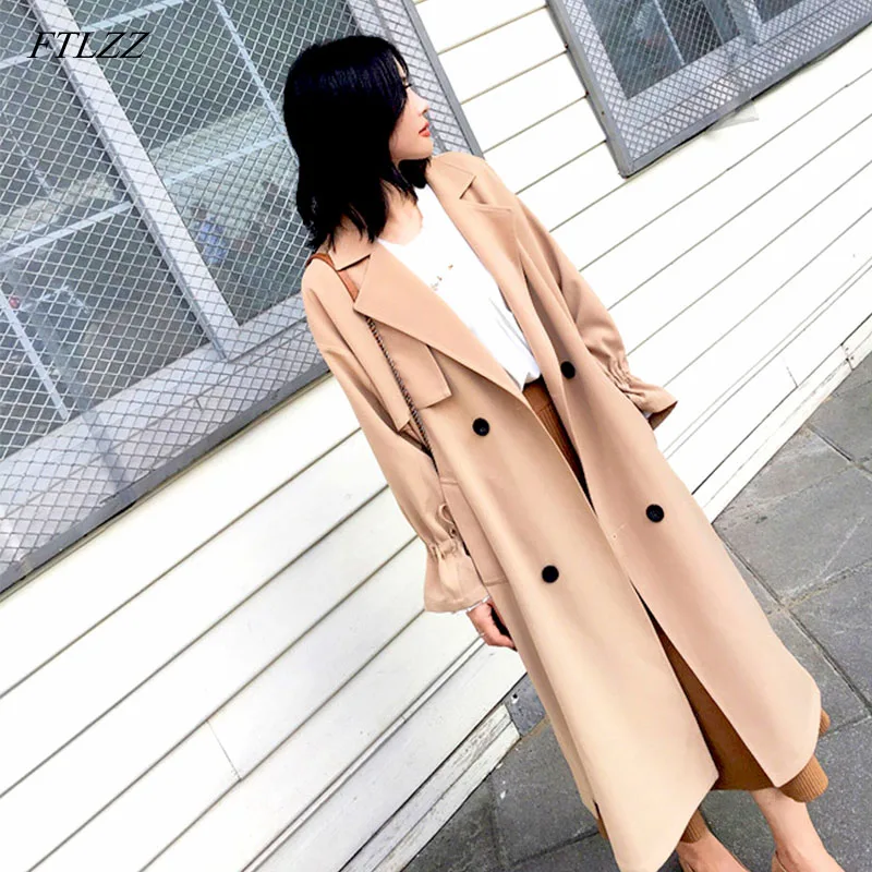 FTLZZ New Autumn Women Long Trench Coat Casual Double Breasted With Belt Khaki Outwear Fashion Windproof Coats | Женская одежда