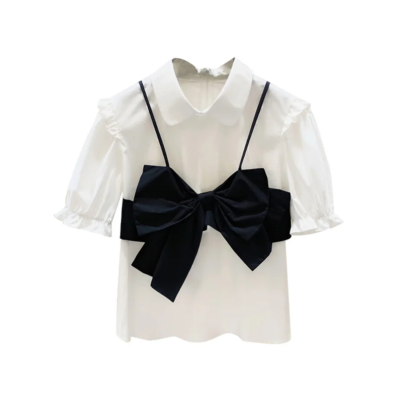 Женская рубашка контрастного цвета с бантом и оборками летние блузки топы в
