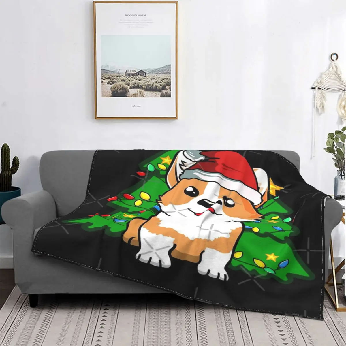 

Manta con estampado de perro Corgi, cobertor de cama a cuadros, manta doble de lino y algodón, ideal para vacaciones de Navidad,