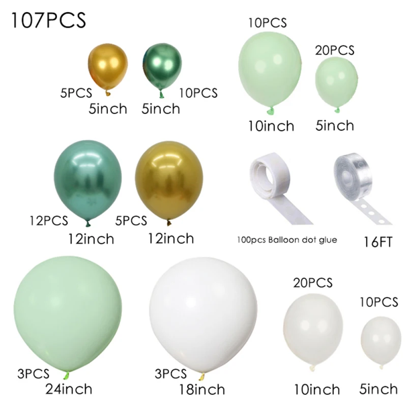 

107pcs Latex Balloons Jungle Party Balloon Chain Macaron Green White Garland Gold Balloon Birthday Party Wedding Decorations New