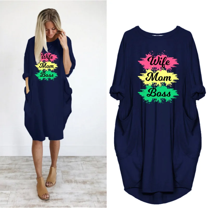 

Midi Dresses Casual Women Harajuku Letter Print Long Sleeve o Neck Pockets Vestidos Party Femme Robe Streetwear