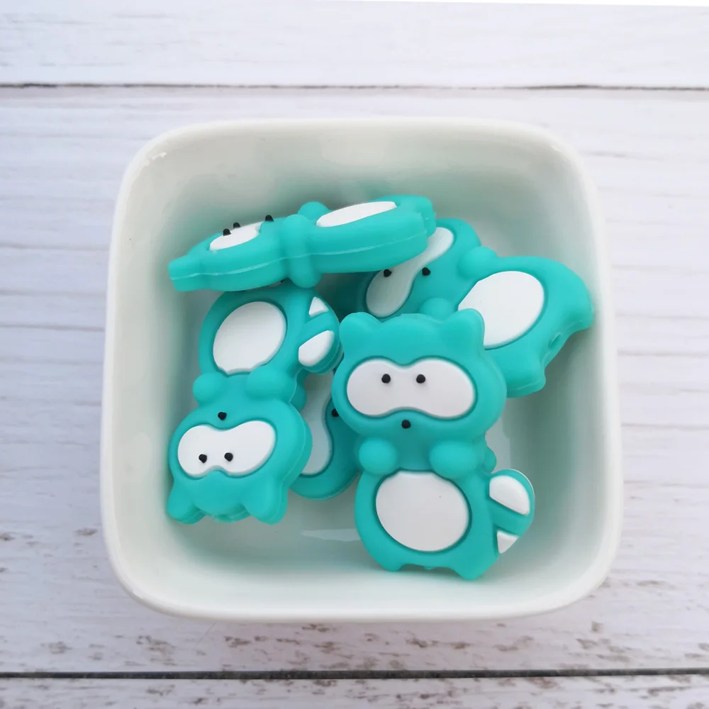 turquoise Силиконовые бусины из енота, 10 шт./партия, прорезыватели BPA, держатель для пустышки в форме енота, аксессуары, сделай сам, свободная бусина для прорезывания зубов - Цвет: turquoise