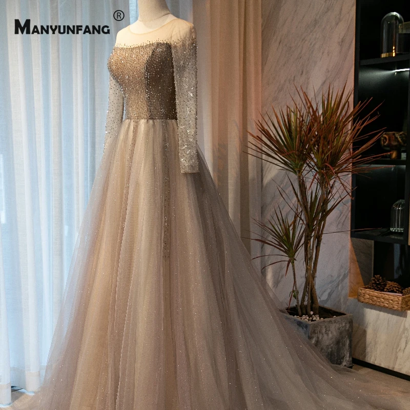 

High-End O-Neck Full Sleeve Court Train A-Line Wedding Dress for Women Luxury Lace Up Back Crystal Bridal Gown Robe De Mariage