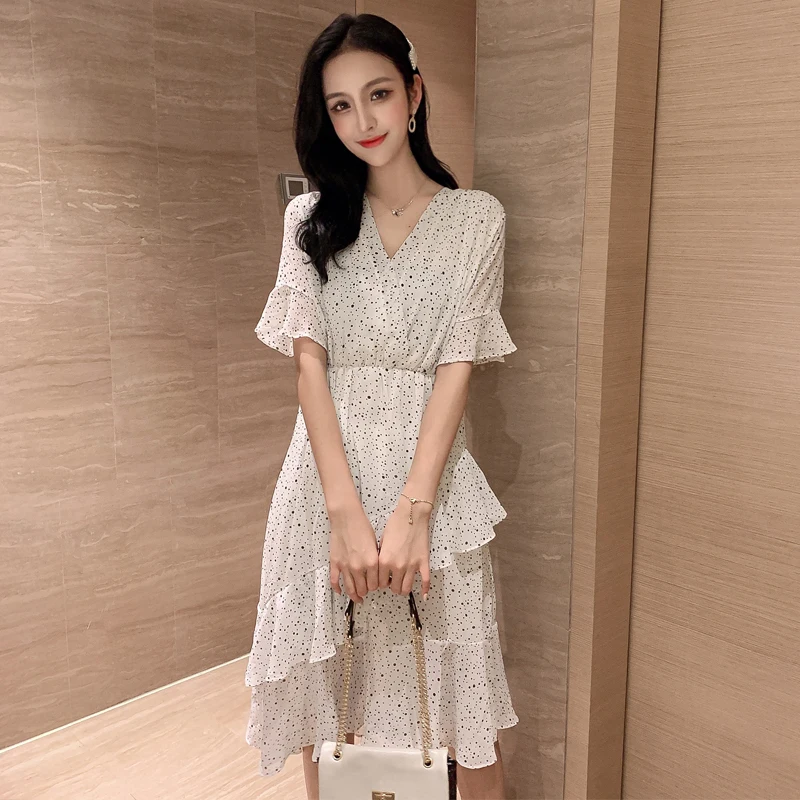 Женское винтажное шифоновое платье с v-образным вырезом коротким рукавом и