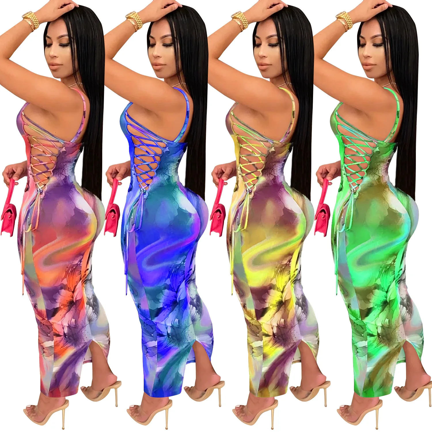 Zoctuo Tie Dye Print Maxi Long Dress Sexy Women Mesh See Though Club Spaghetti Strap Lace Up Side Bodycon | Женская одежда