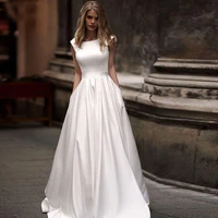 banvasac simple scoop satin a line wedding dresses draped sash sweep train lace up backless bridal gowns